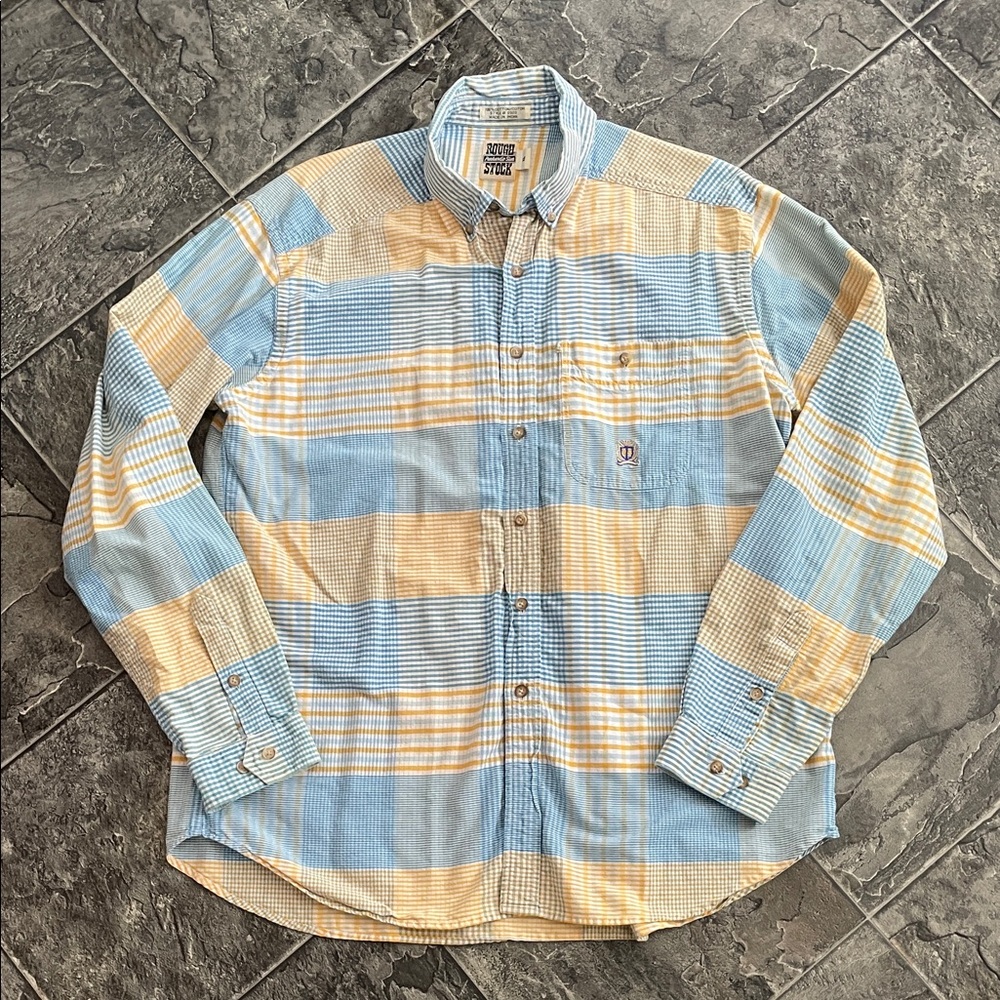 PANHANDLE SLIM Rough Stock Casual Blue & Yellow Preppy Plaid Button-Down Shirt